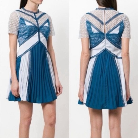 Self Portrait Blue and White Pleated Dress - Picture 2 of 6